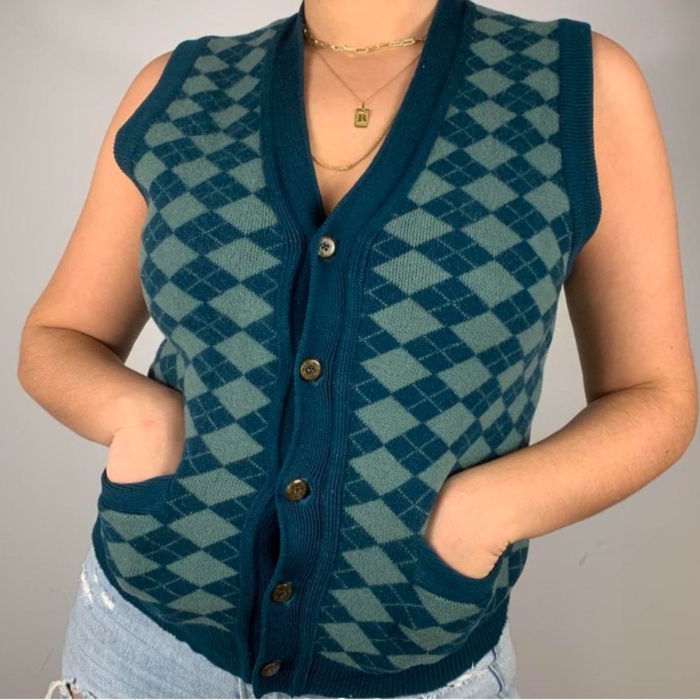 VINTAGE ARGYLE GREEN KNIT BUTTONED DOWN VEST